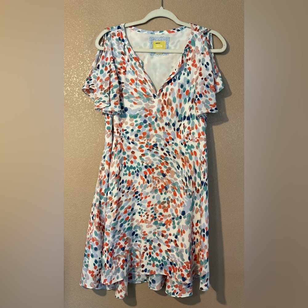 Maeve Watercolor Dot Flounce Flare Spit Flutter Sleeve Artsy Dress C8